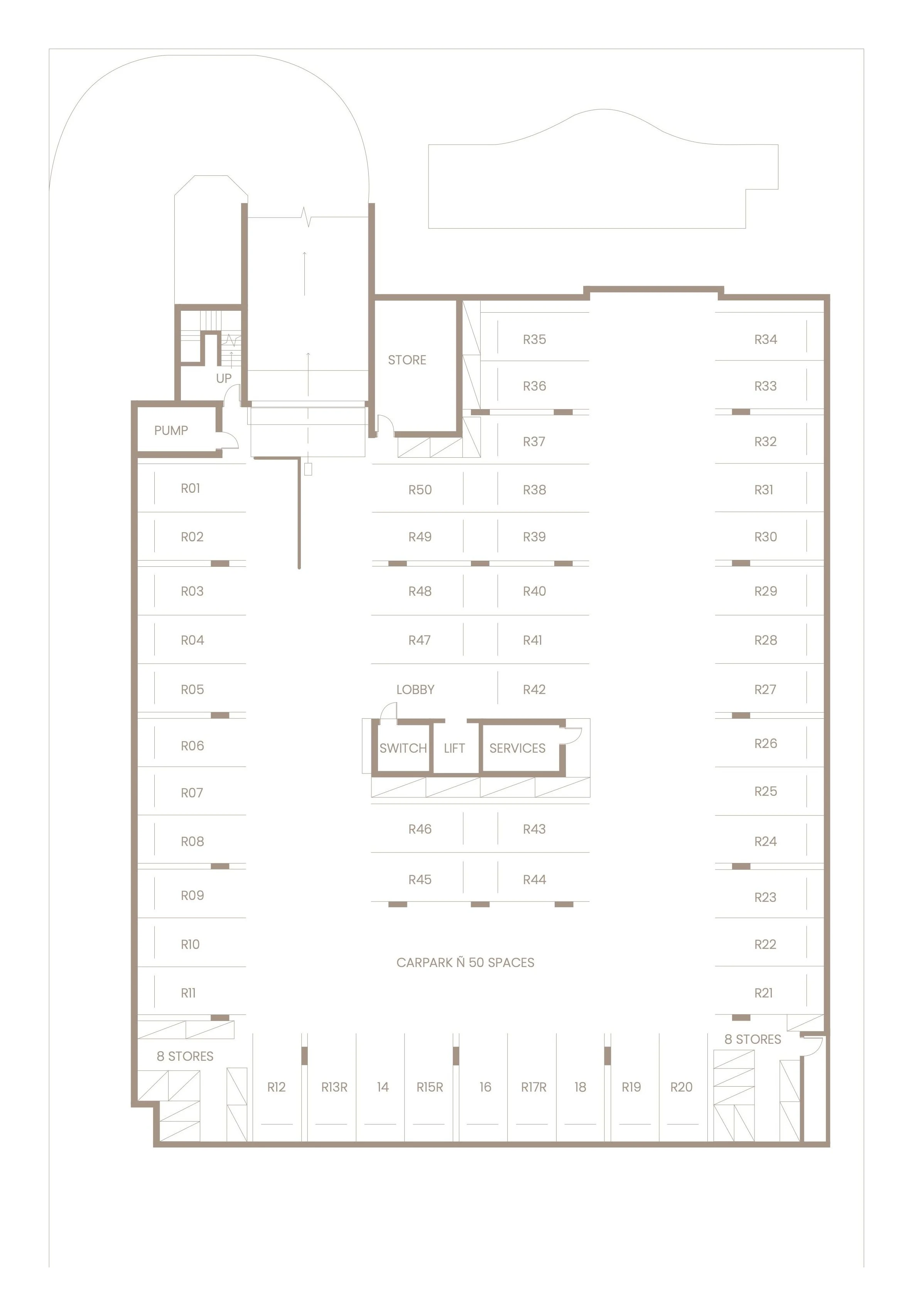 Basement car park plan showing fifty resident car spaces, storage cages and the lift lobby