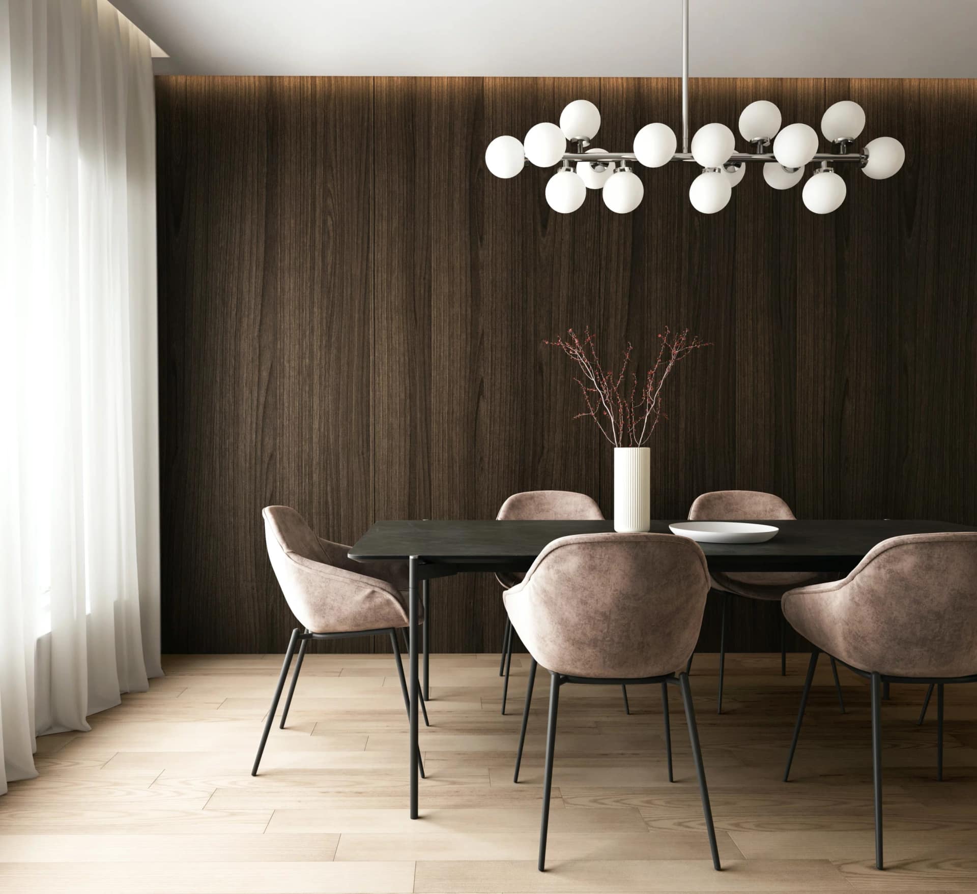 Dining room interior — a black table and tan upholstered chairs against a full-height walnut panelled wall, globe pendant overhead and oak flooring below